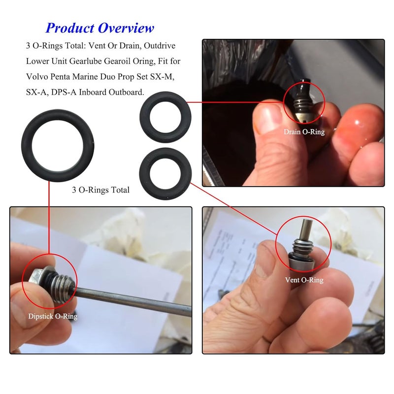 WFCYX 3 O-Rings Total: Dipstick #3852045, Vent #3855081, Drain #3855081, Vent Or Drain, Outdrive Lower Unit Gearlube Gearoil Oring, Fit for Volvo Penta Marine Duo Prop Set SX-M, SX-A, DPS-A Inboard Outboard - Image 2